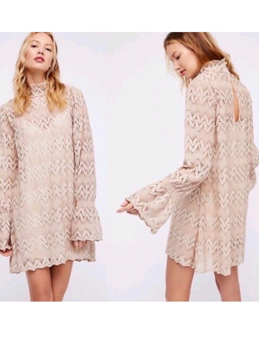 Free People Simone Crochet mock neck Lace Mini Dress